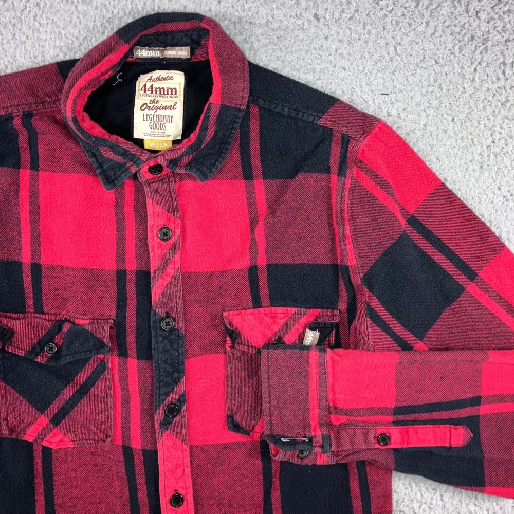 Men M Buffalo Plaid Shirt Red Black Distressed Grunge Workwear Flannel Button Up